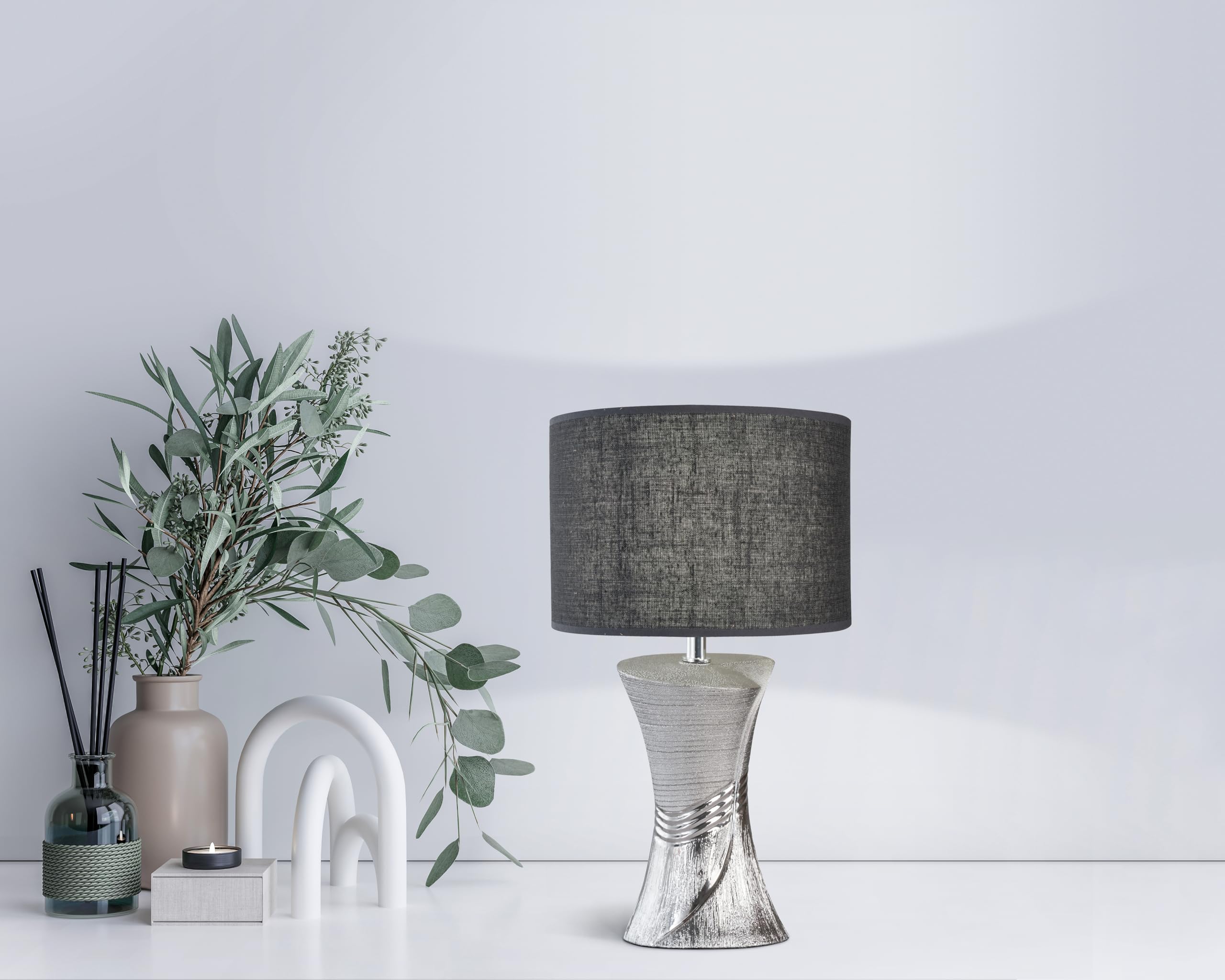 fischer-honsel-louis-tischleuchte-silberfarben-grau-linen-grau-h-44-cm image 2