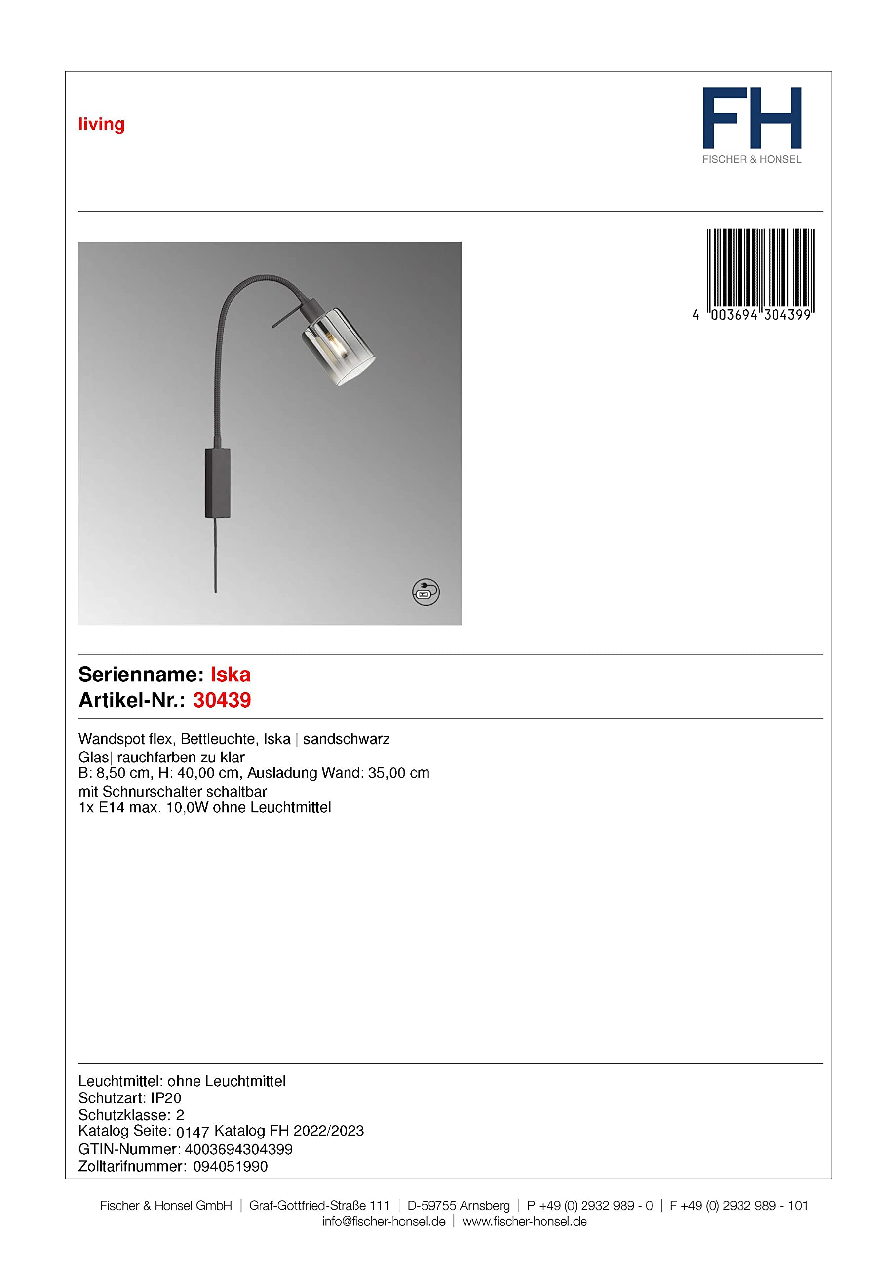 fischer-honsel-iska-wandspot-flex-bettleuchte-sandschwarz-e14 image 5